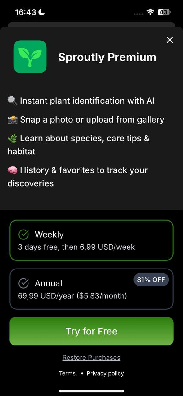 AI Plant identification app screenshot